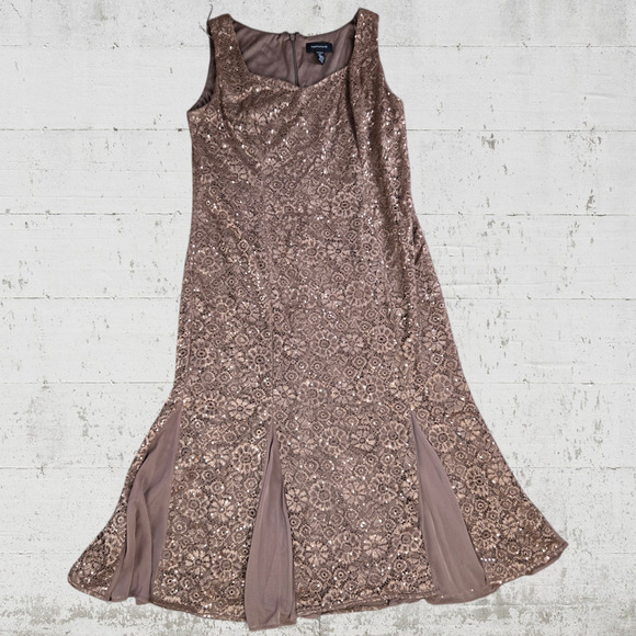 90s Vintage Bronze Midi Dress Brown Sequin Floral Lace Column Midi Dress Size 12 - Picture 2 of 16